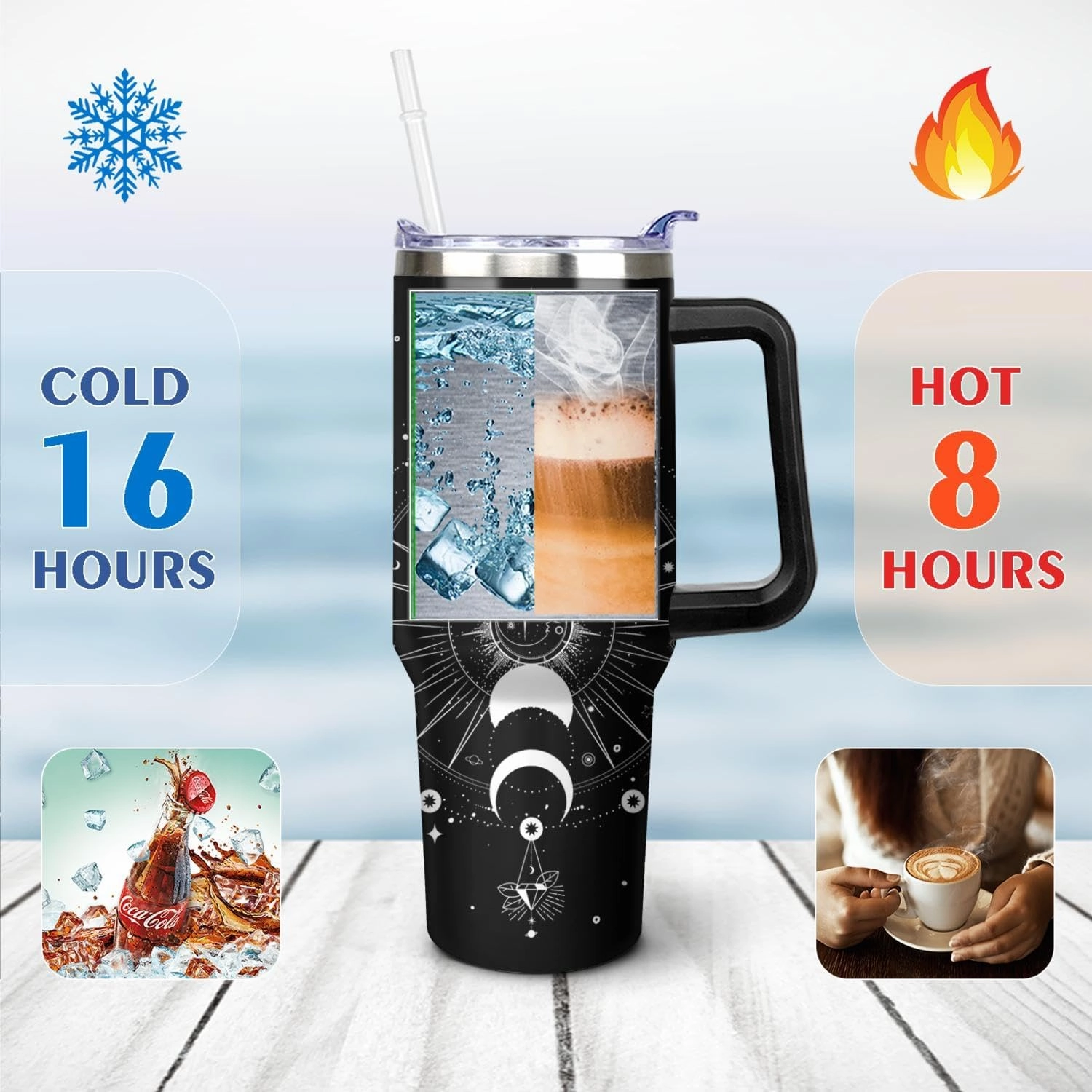40 oz Sun and Moon Tumbler with Handle and Straw Lid,Leak Proof Travel Stainless Insulated Tumbler,Cup Holder Friendly,Perfect for Outdoor Travel Car and Sports