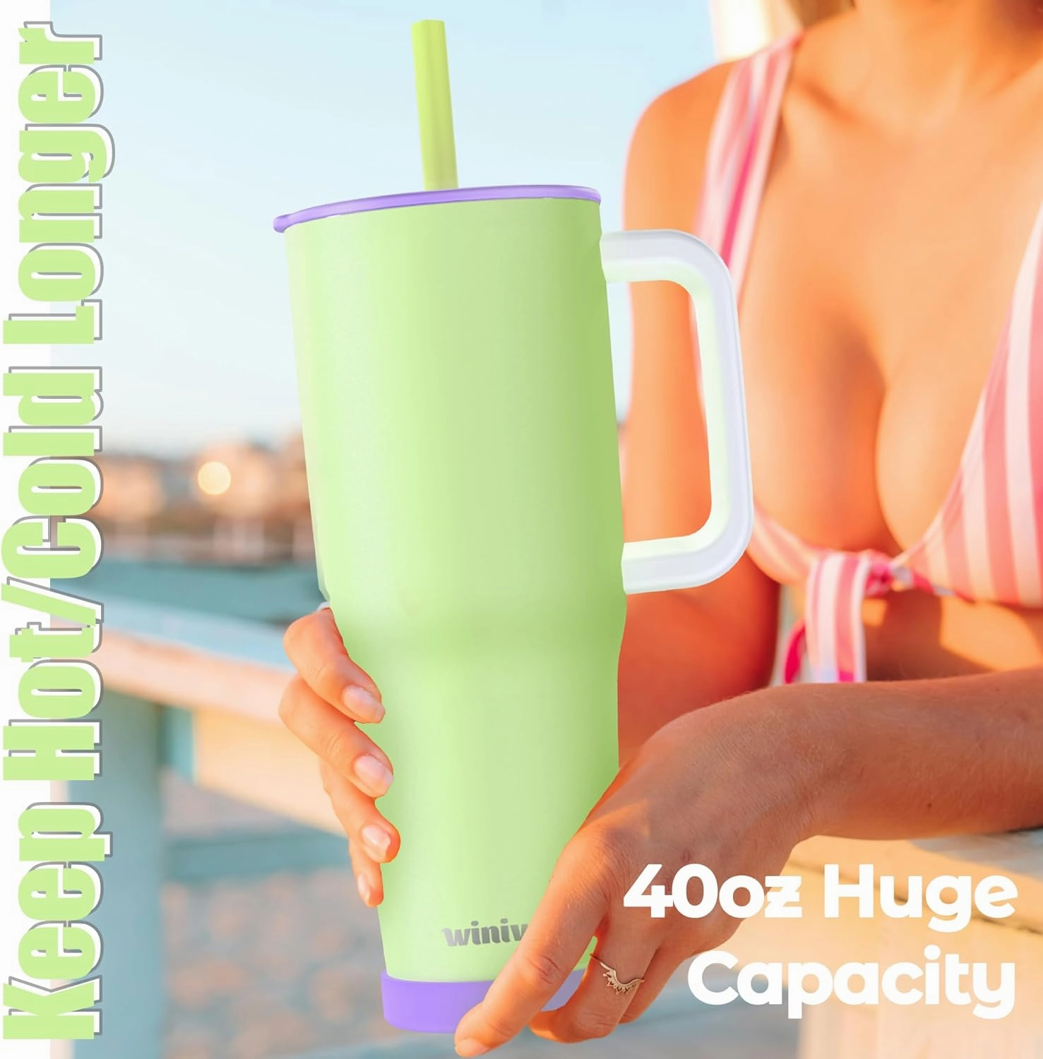 40 oz Tumbler with Handle and Straw for Her, Flexible Straw, Insulated Tumbler Cups with Silicone Bottom, Keeps Beverages Cold Up to 24 Hours, Gym/Work/Travel/School/Gift（Bud Green）