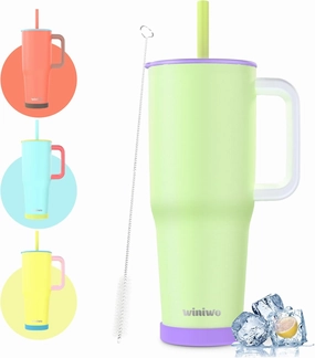 40 oz Tumbler with Handle and Straw for Her, Flexible Straw, Insulated Tumbler Cups with Silicone Bottom, Keeps Beverages Cold Up to 24 Hours, Gym/Work/Travel/School/Gift（Bud Green）