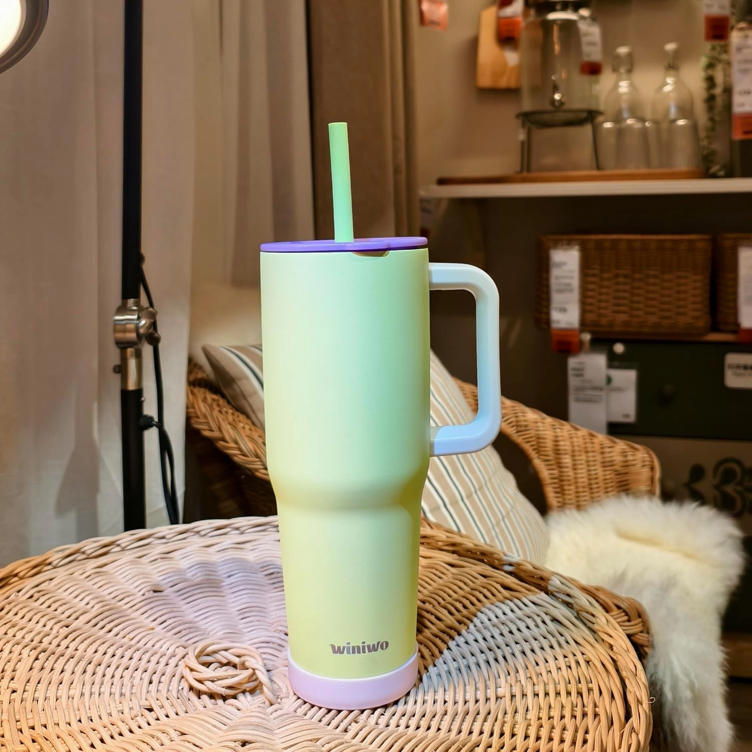 40 oz Tumbler with Handle and Straw for Her, Flexible Straw, Insulated Tumbler Cups with Silicone Bottom, Keeps Beverages Cold Up to 24 Hours, Gym/Work/Travel/School/Gift（Bud Green）