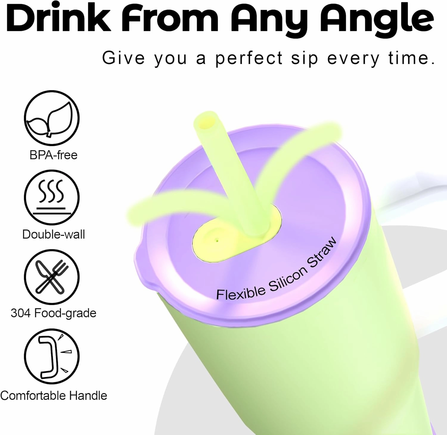 40 oz Tumbler with Handle and Straw for Her, Flexible Straw, Insulated Tumbler Cups with Silicone Bottom, Keeps Beverages Cold Up to 24 Hours, Gym/Work/Travel/School/Gift（Bud Green）