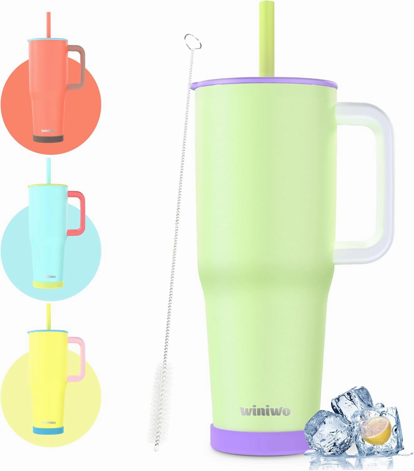40 oz Tumbler with Handle and Straw for Her, Flexible Straw, Insulated Tumbler Cups with Silicone Bottom, Keeps Beverages Cold Up to 24 Hours, Gym/Work/Travel/School/Gift（Bud Green）