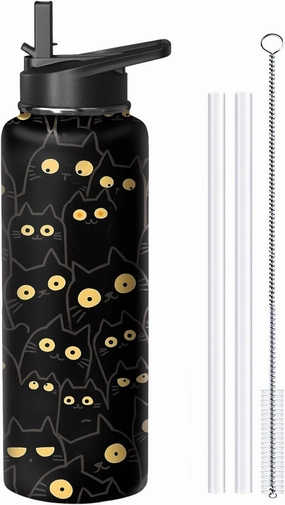 40oz Cat Water Bottle with Handle and Flip Straw, Animal Sports Stainless Steel Insulated Cup Travel Coffee Mug Tumbler, Birthday Mothers Day Chritmas Gifts for Women