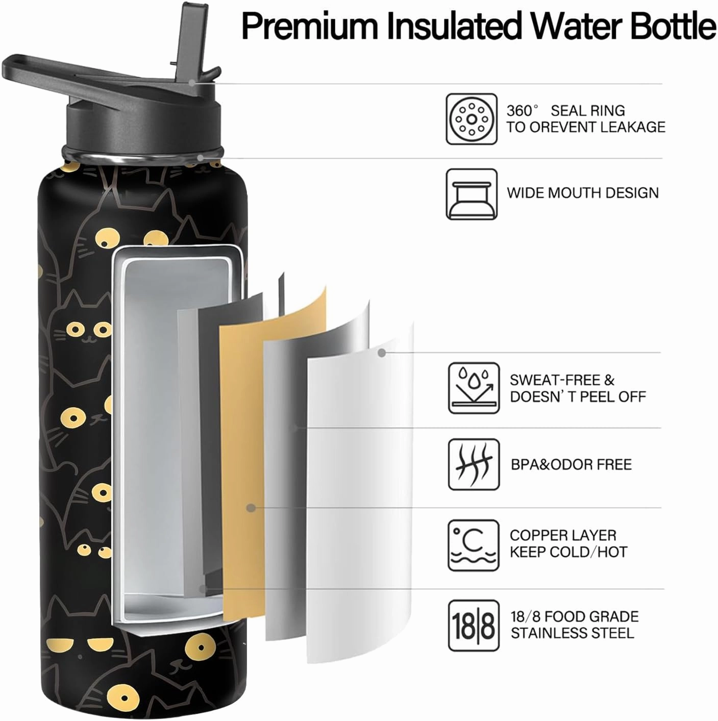 40oz Cat Water Bottle with Handle and Flip Straw, Animal Sports Stainless Steel Insulated Cup Travel Coffee Mug Tumbler, Birthday Mothers Day Chritmas Gifts for Women