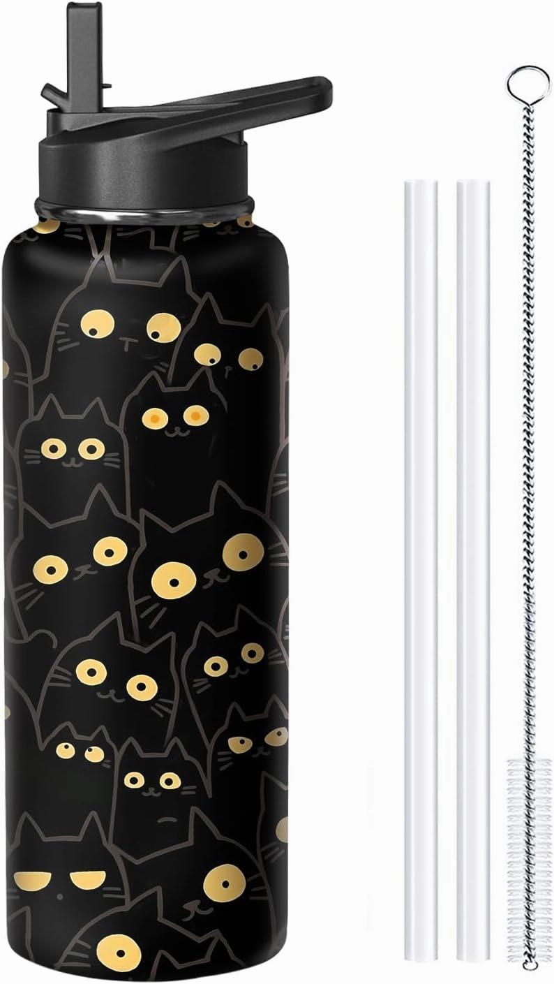 40oz Cat Water Bottle with Handle and Flip Straw, Animal Sports Stainless Steel Insulated Cup Travel Coffee Mug Tumbler, Birthday Mothers Day Chritmas Gifts for Women