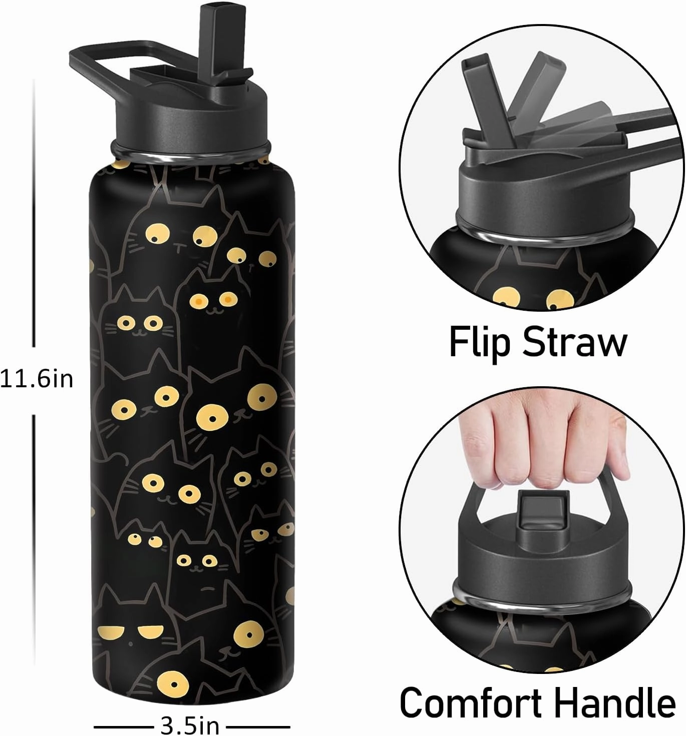 40oz Cat Water Bottle with Handle and Flip Straw, Animal Sports Stainless Steel Insulated Cup Travel Coffee Mug Tumbler, Birthday Mothers Day Chritmas Gifts for Women