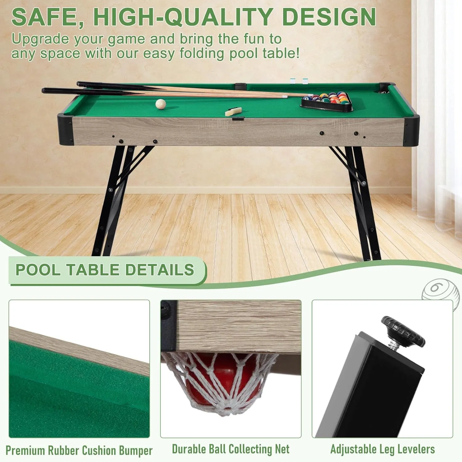 48" Folding Pool Table, Portable Billiard Game Tables for Kids and Adults, Mini Pool Table with Locking Legs, Adjustable Feet, Balls, Cues, Triangle, Chalk, Brush for Family Game Room