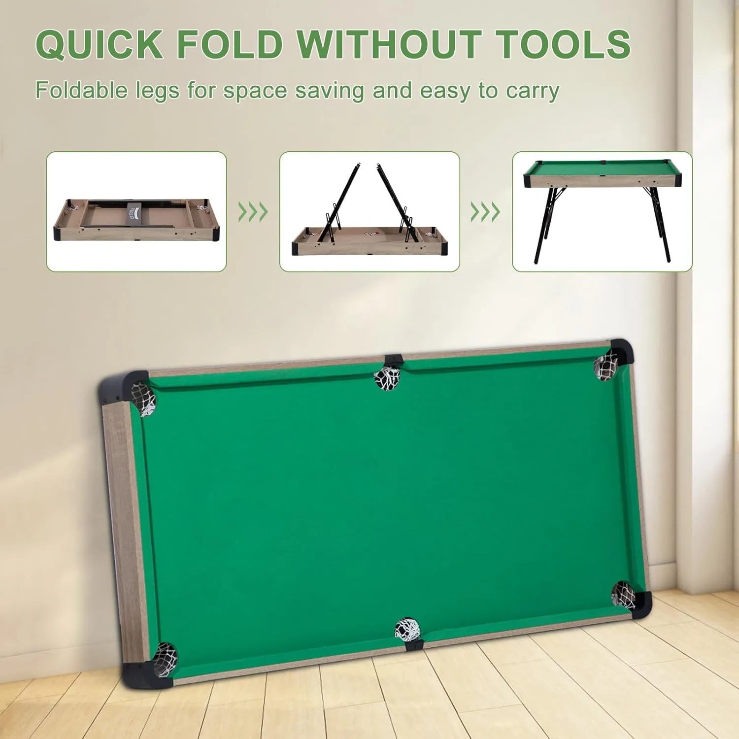 48" Folding Pool Table, Portable Billiard Game Tables for Kids and Adults, Mini Pool Table with Locking Legs, Adjustable Feet, Balls, Cues, Triangle, Chalk, Brush for Family Game Room