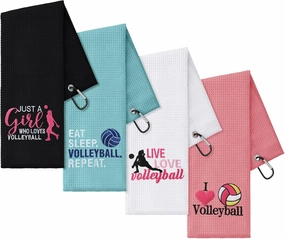 4 Pieces Funny Volleyball Towel 16 x 24 Inch Embroidered Sweat Towels with Clip Workout Hand Bath Beach Accessories Volleyball Player Sports Team Gifts Party Favors for Women, 4 Styles