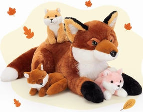 4Pcs Fox Stuffed Animal Set, Large Mommy Red Fox Plush 22 Inch with 3 Baby Foxes in Her Zippered Tummy, Stuffed Fox Plushie Toy for Girls and Kids