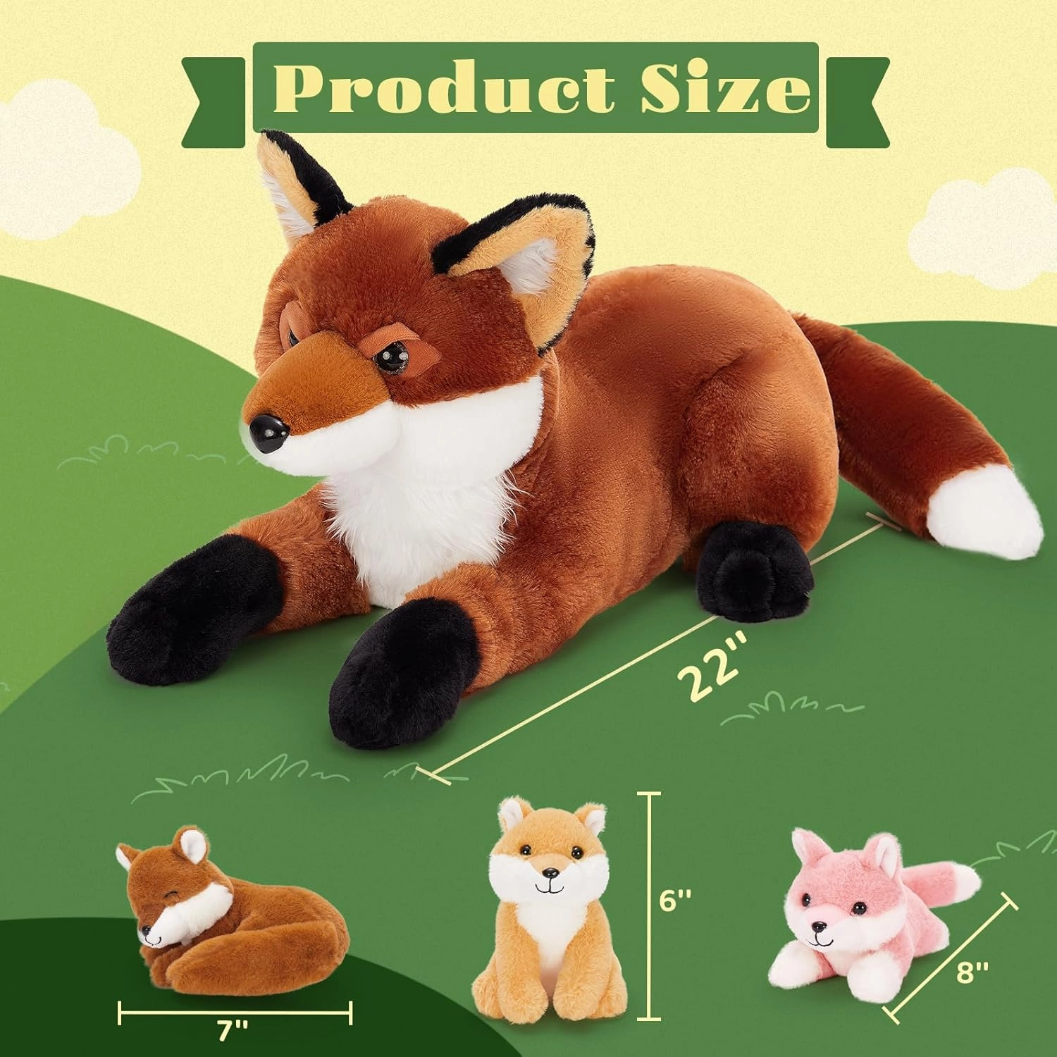 4Pcs Fox Stuffed Animal Set, Large Mommy Red Fox Plush 22 Inch with 3 Baby Foxes in Her Zippered Tummy, Stuffed Fox Plushie Toy for Girls and Kids