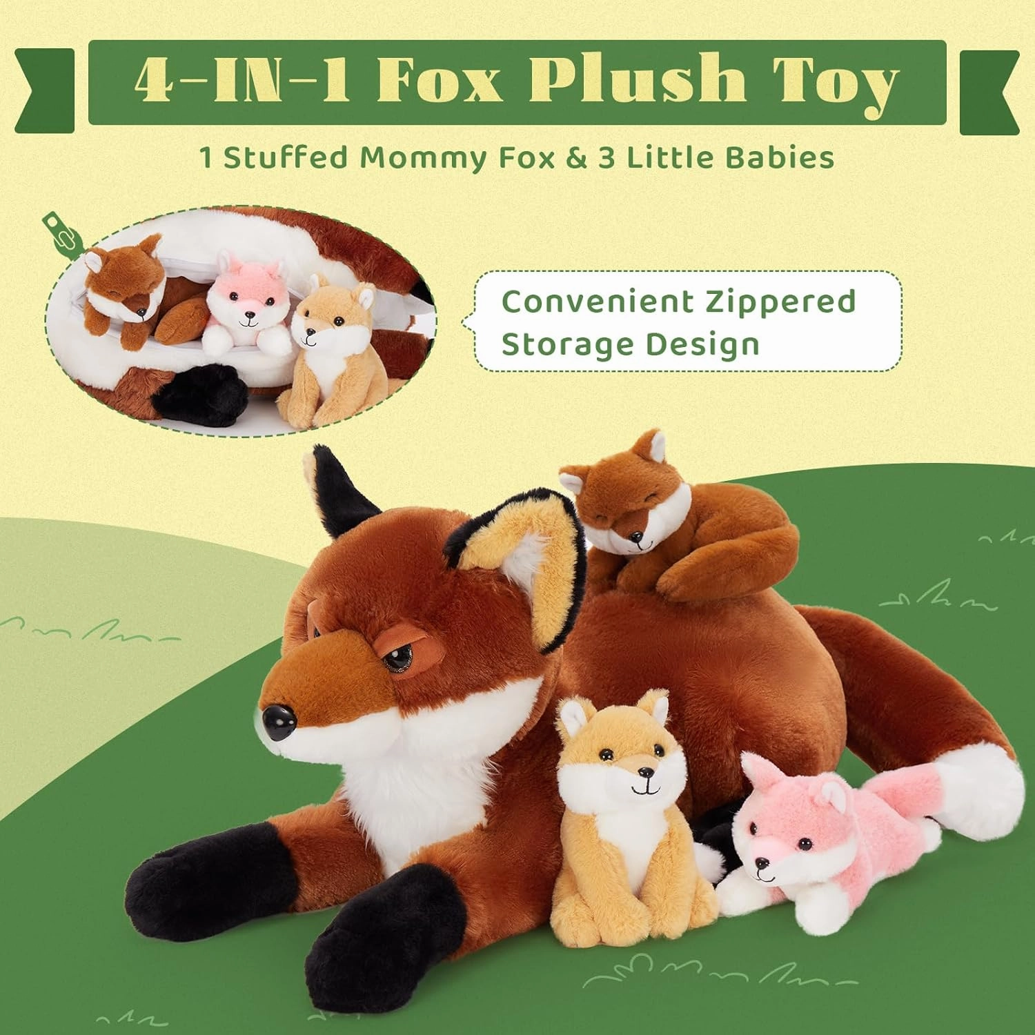 4Pcs Fox Stuffed Animal Set, Large Mommy Red Fox Plush 22 Inch with 3 Baby Foxes in Her Zippered Tummy, Stuffed Fox Plushie Toy for Girls and Kids