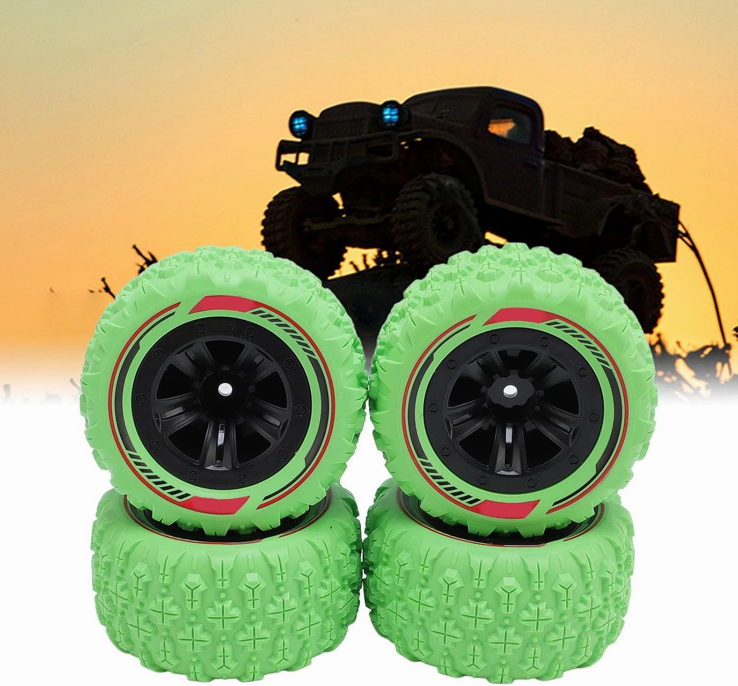 4PCS RC Wheel Tires,Original Hex Hub Wheel Rims & Rubber Tires, RC Rally Car Tyres Claw Mud Terrain Tires Accessories for 1/14 1/16 RC Car Crawler Buggy Truck (Green)