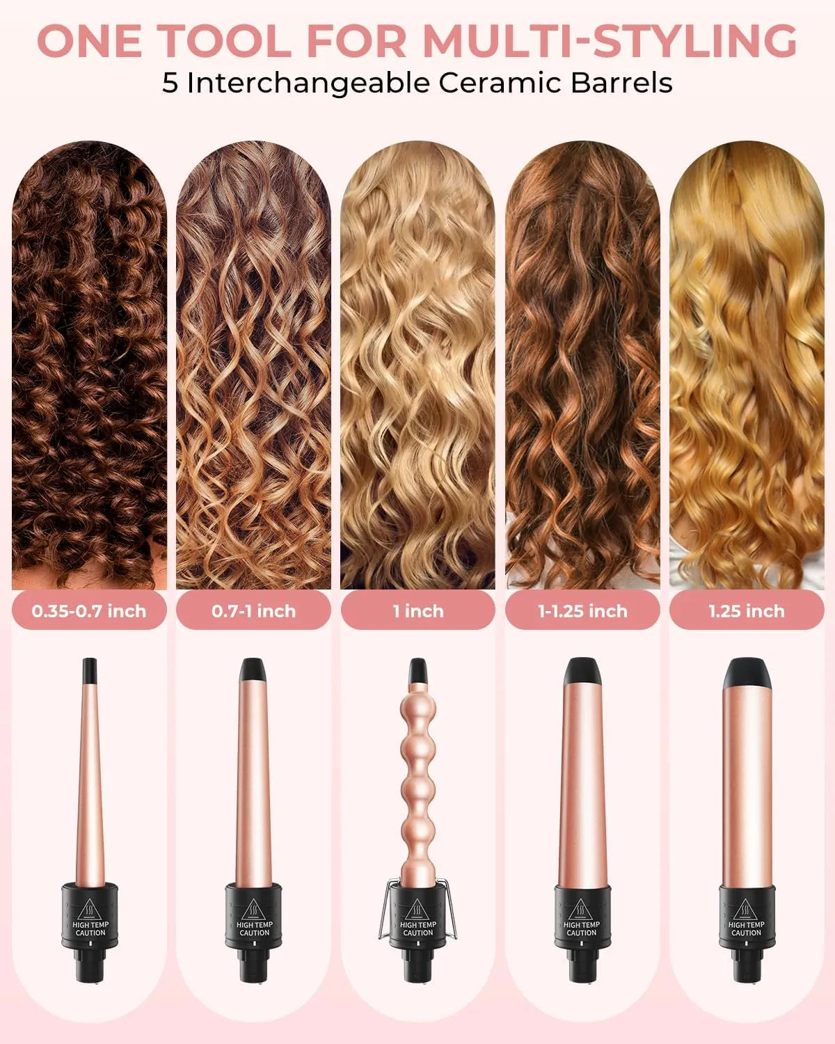 5 in 1 Curling Wand Set: Ohuhu Curling Iron Wand 5Pcs 0.35 to 1.25 Inch Interchangeable Ceramic Barrel Heat Protective Glove 2 Clips Dual Voltage Hair Curler for Women Girl Mother Gift Rose Gold