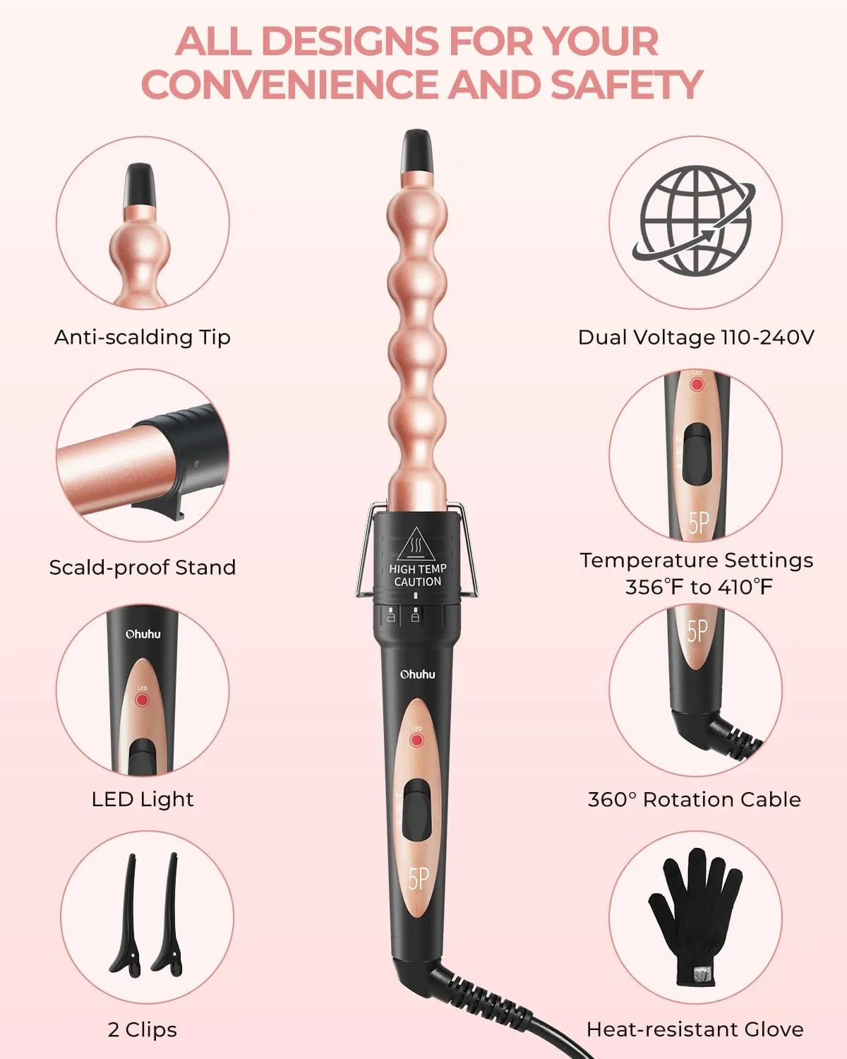5 in 1 Curling Wand Set: Ohuhu Curling Iron Wand 5Pcs 0.35 to 1.25 Inch Interchangeable Ceramic Barrel Heat Protective Glove 2 Clips Dual Voltage Hair Curler for Women Girl Mother Gift Rose Gold