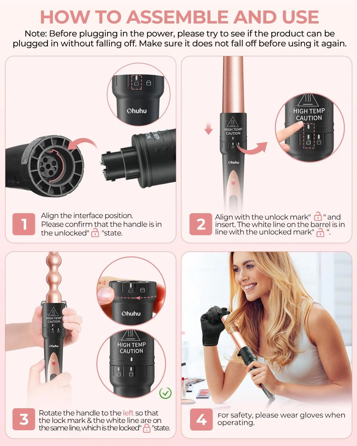 5 in 1 Curling Wand Set: Ohuhu Curling Iron Wand 5Pcs 0.35 to 1.25 Inch Interchangeable Ceramic Barrel Heat Protective Glove 2 Clips Dual Voltage Hair Curler for Women Girl Mother Gift Rose Gold