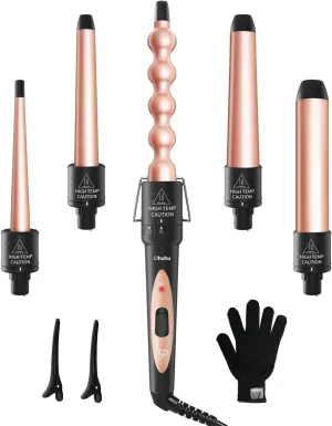5 in 1 Curling Wand Set: Ohuhu Curling Iron Wand 5Pcs 0.35 to 1.25 Inch Interchangeable Ceramic Barrel Heat Protective Glove 2 Clips Dual Voltage Hair Curler for Women Girl Mother Gift Rose Gold