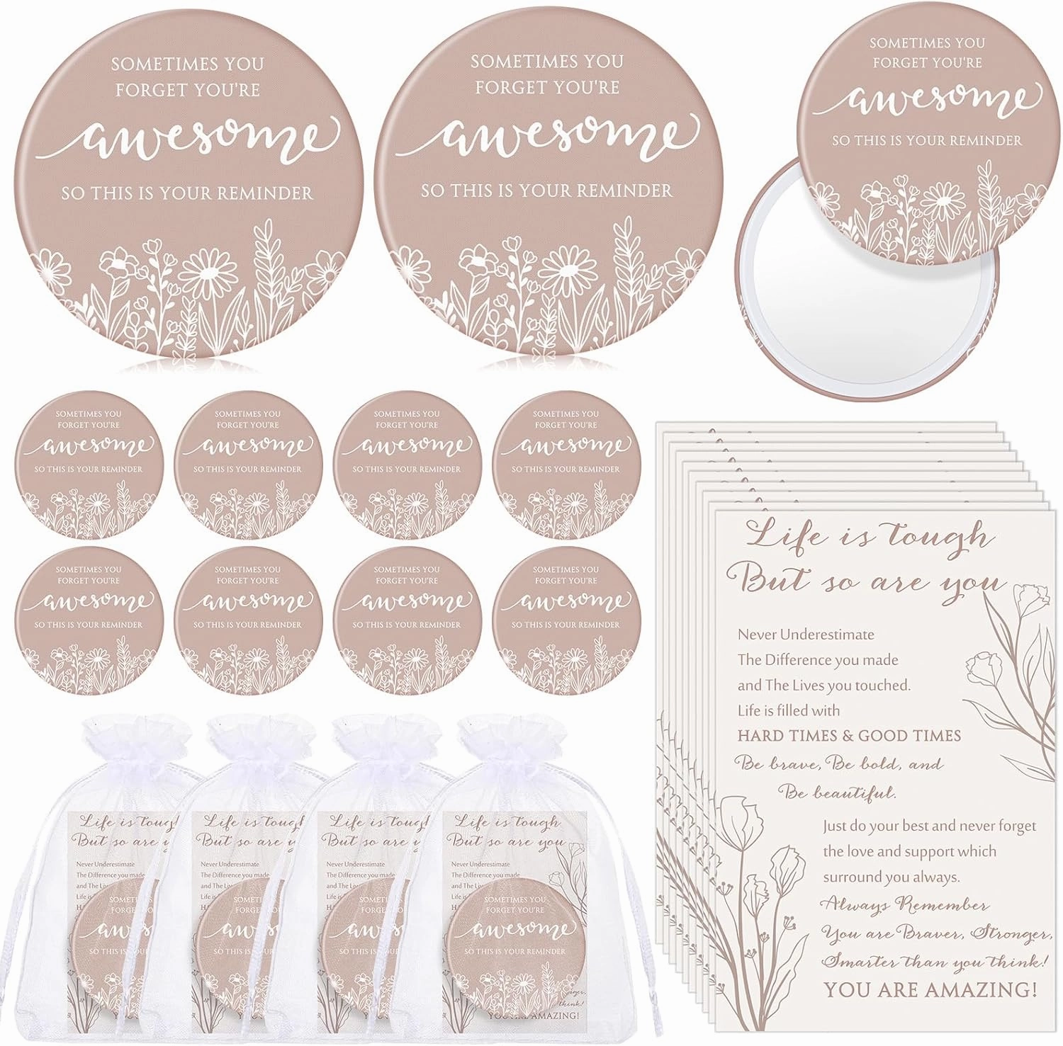 50 Set CNA Week Gifts Inspirational Compact Mirror for Women Sometimes You Forget You're Awesome Makeup Pocket Purse Mirror Motivational Card for Teacher Nurse Coworker (Boho)