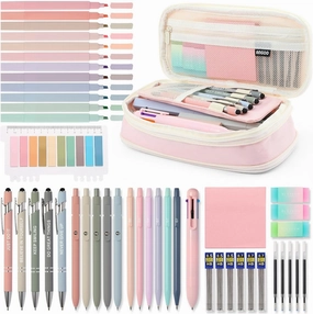 56 PCS Aesthetic School Supplies with Large Pencil Case, 5 Inspirational Ballpoint Pens, 12 Pastel Highlighters, 5 Black Ink Gel Pens, 6 Mechanical Pencils 0.5-0.7mm Student Essentials (Pink)