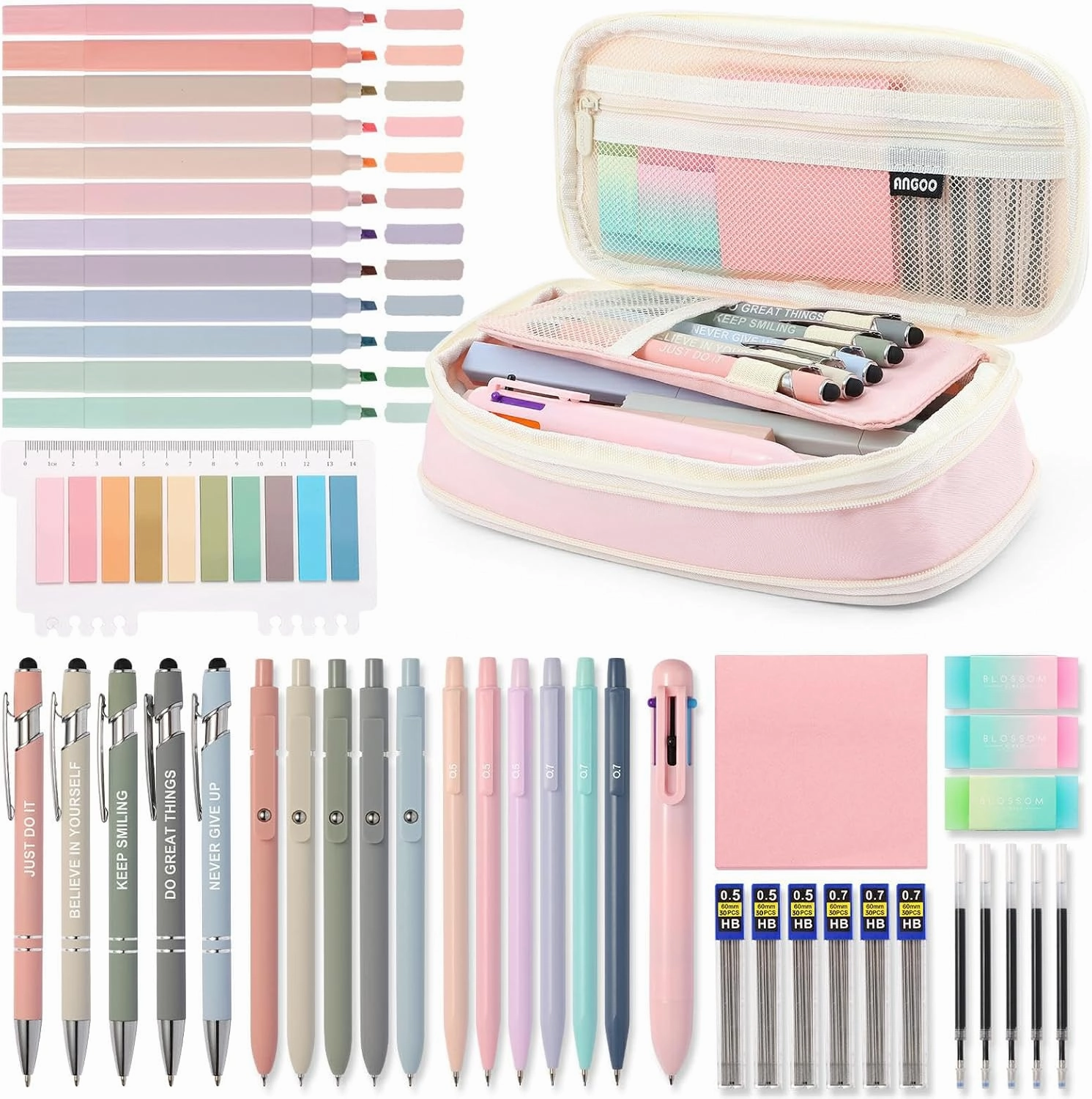 56 PCS Aesthetic School Supplies with Large Pencil Case, 5 Inspirational Ballpoint Pens, 12 Pastel Highlighters, 5 Black Ink Gel Pens, 6 Mechanical Pencils 0.5-0.7mm Student Essentials (Pink)