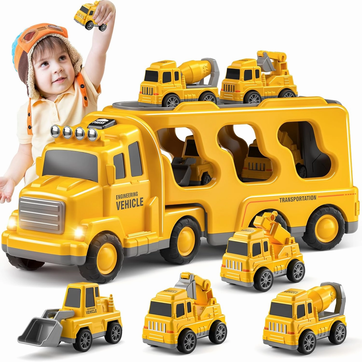 5 in 1 Construction Trucks Cars Toys for Toddlers 3-5, Boy Toddler Car Truck Toys with Light Sound, Birthday Gifts Toys for 3 4 5 Year Old Boy