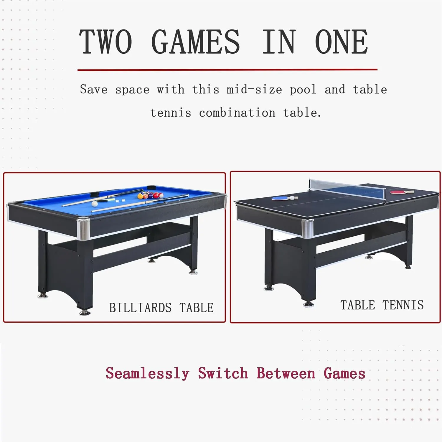 6 Ft Pool Table with Ping Pong Top,Multi Game Combo Tables for Family Recreation Game Rooms, Includes Billiard Balls, Cues, Paddles, Brush & More, Stable Structure