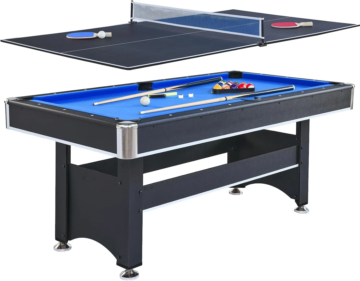 6 Ft Pool Table with Ping Pong Top,Multi Game Combo Tables for Family Recreation Game Rooms, Includes Billiard Balls, Cues, Paddles, Brush & More, Stable Structure