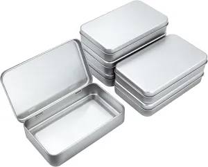 6 Pieces Rectangular Metal Empty Hinged Tins Containers Basic Necessities Home Storage Organizer Mini Box Set, 5.9 x 3.5 x 1.2 inches (Silver)