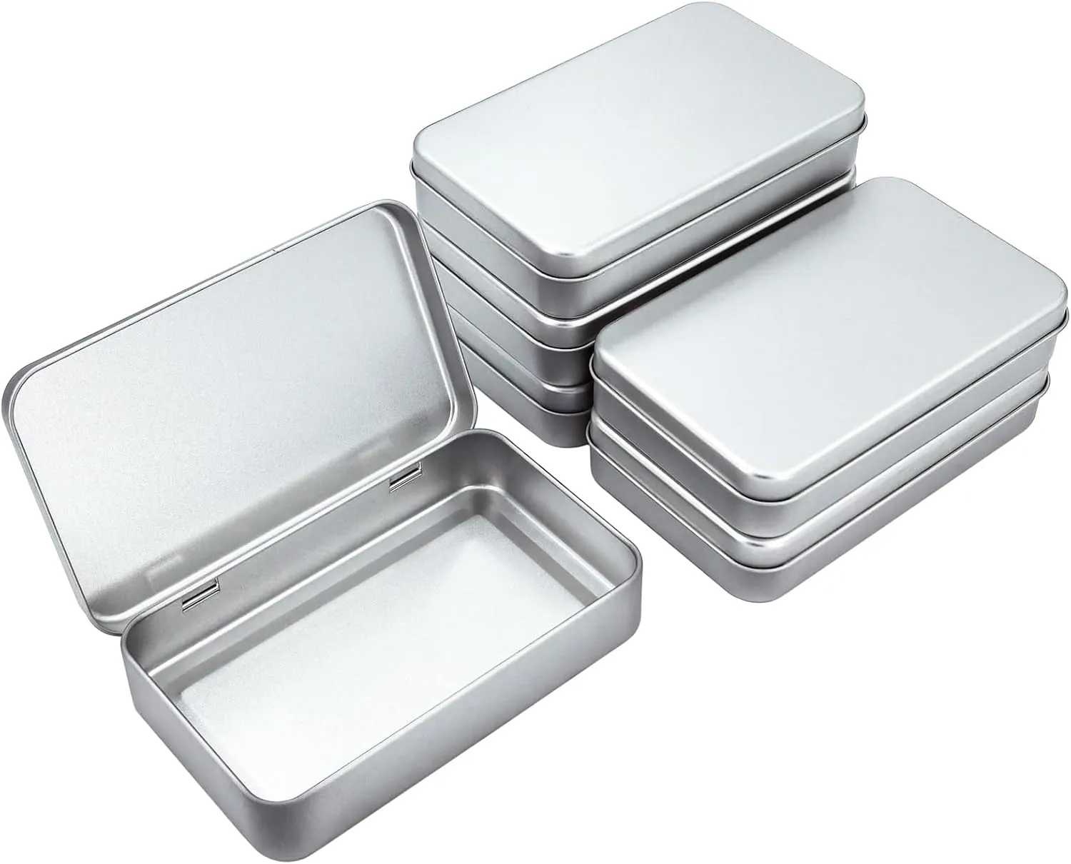 6 Pieces Rectangular Metal Empty Hinged Tins Containers Basic Necessities Home Storage Organizer Mini Box Set, 5.9 x 3.5 x 1.2 inches (Silver)