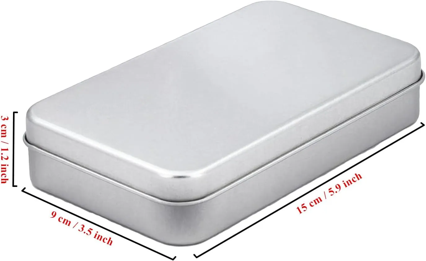 6 Pieces Rectangular Metal Empty Hinged Tins Containers Basic Necessities Home Storage Organizer Mini Box Set, 5.9 x 3.5 x 1.2 inches (Silver)