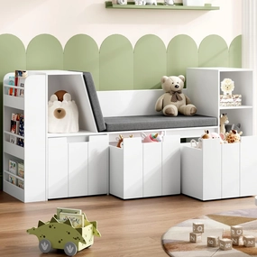 61.5" Kids Reading Nook with 3-Layer Bookshelf, Reading Nook for Kids with Double Bench and Rolling Drawers, Bookshelf and Toy Storage for Nursery, Playroom, White
