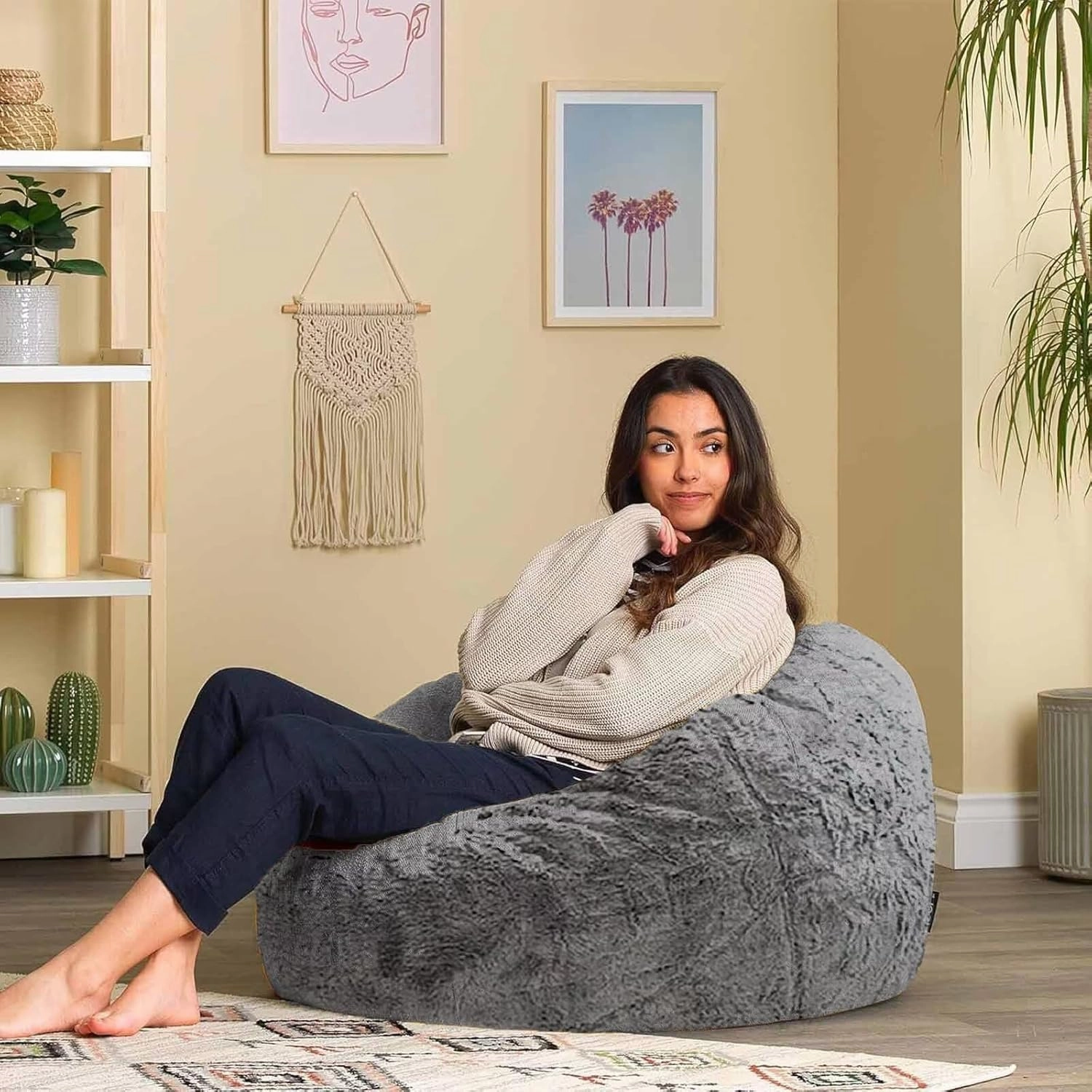 6FT Bean Bag Chair for Adults Kids No Filler Soft Oversized Round Giant Beanbag Chair Lazy Sofa Reading Chair Cover, Black