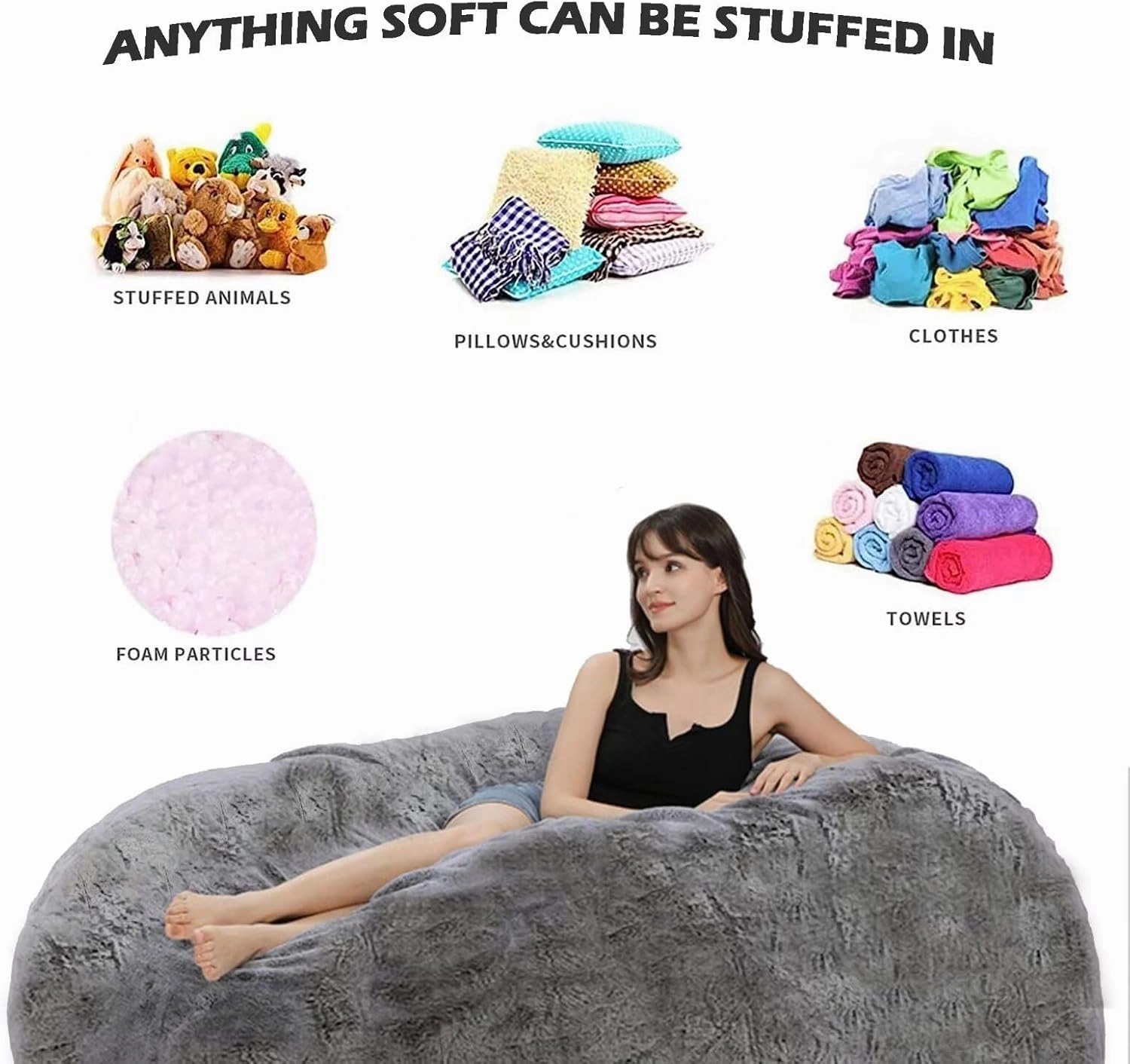 6FT Bean Bag Chair for Adults Kids No Filler Soft Oversized Round Giant Beanbag Chair Lazy Sofa Reading Chair Cover, Black