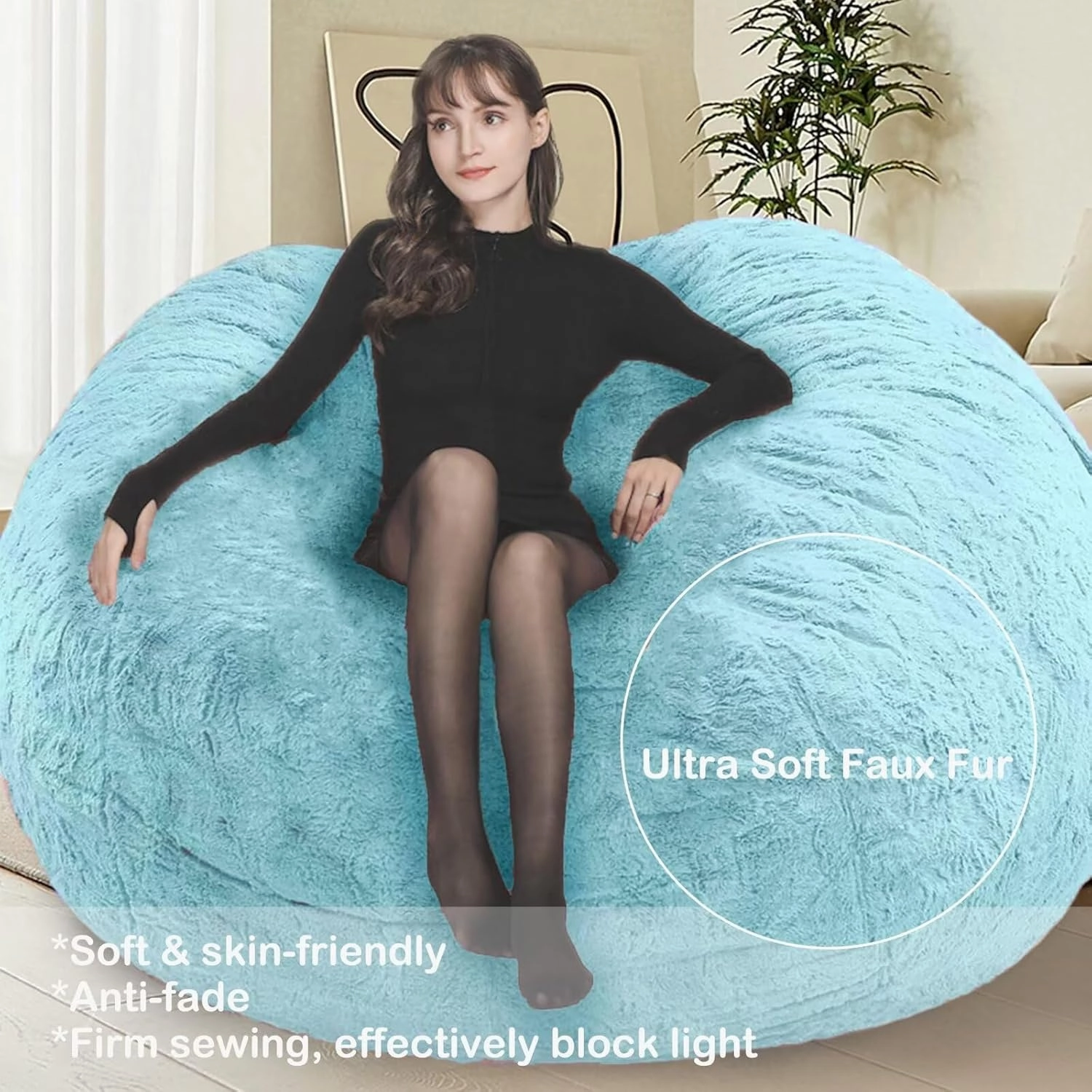 6FT Bean Bag Chair for Adults Kids No Filler Soft Oversized Round Giant Beanbag Chair Lazy Sofa Reading Chair Cover, Black