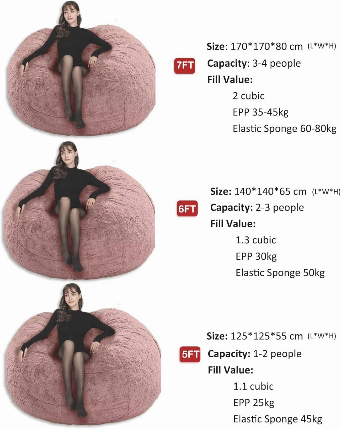 6FT Bean Bag Chair for Adults Kids No Filler Soft Oversized Round Giant Beanbag Chair Lazy Sofa Reading Chair Cover, Black