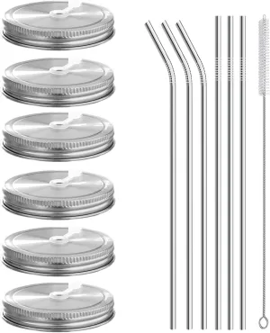 6pcs Pack 304 Stainless Steel Wide Mouth Mason Jar Lids with Straw Hole, Including 6pcs Stainless Steel Straws and 1pcs Cleaning Brush, Compatible with Ball & Kerr Mason Jars