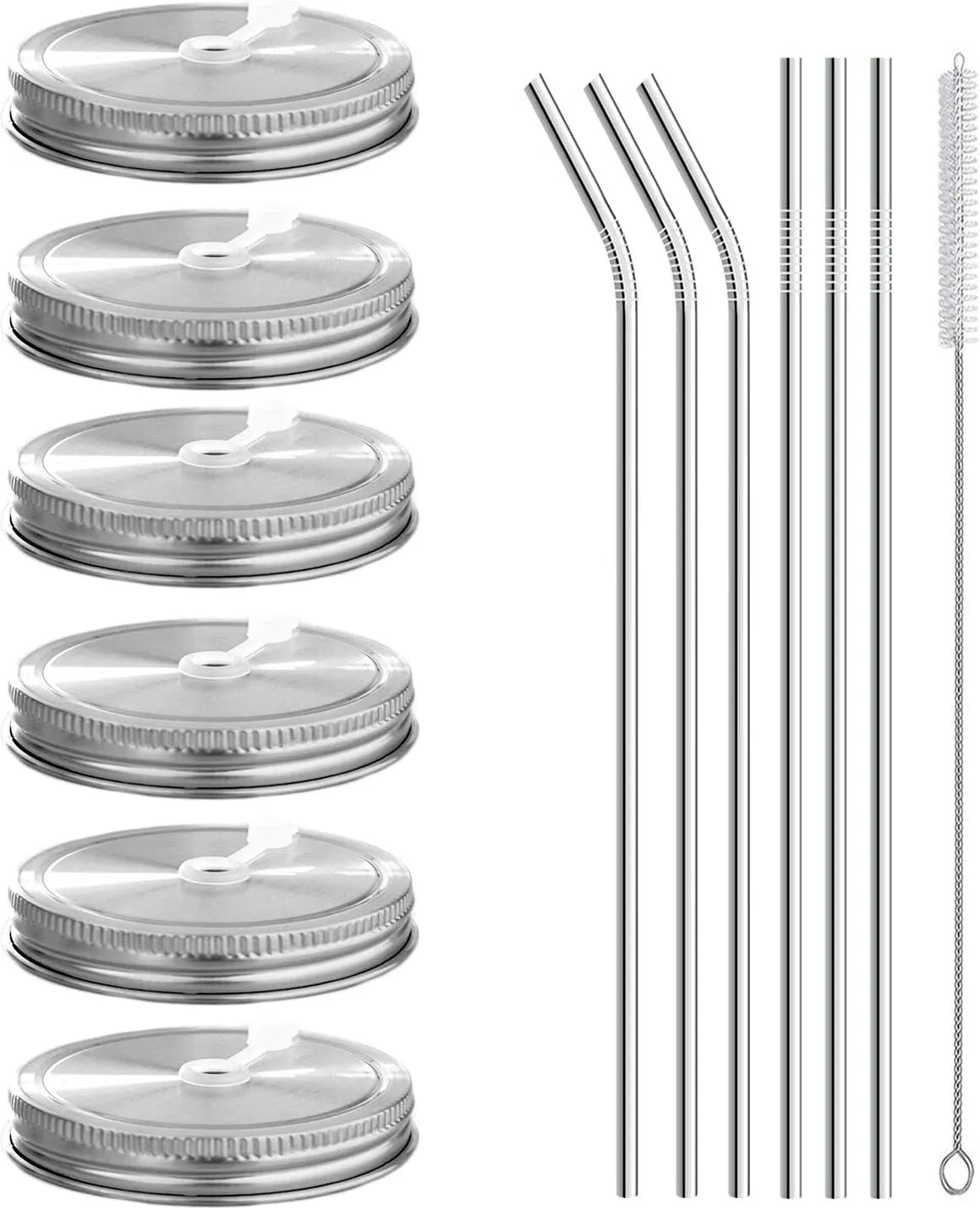 6pcs Pack 304 Stainless Steel Wide Mouth Mason Jar Lids with Straw Hole, Including 6pcs Stainless Steel Straws and 1pcs Cleaning Brush, Compatible with Ball & Kerr Mason Jars