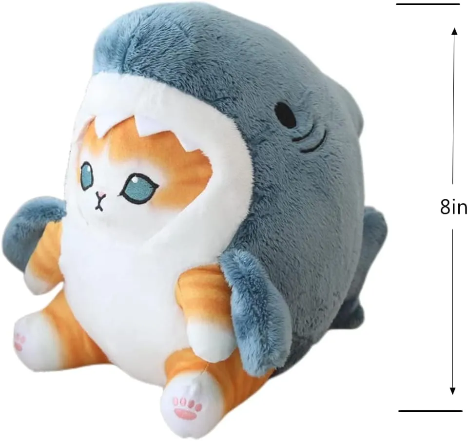 8'' Cute Shark Cat Plush Toy Fried Shrimp Cat Stuffed Animal Plushies Doll,Gift for Kids (Blue Gold Colorful Grey)