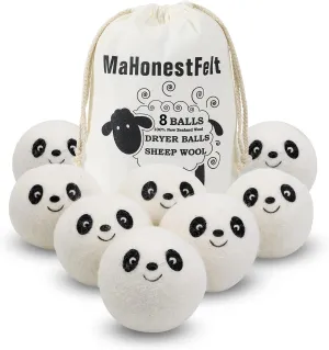 8 Wool Dryer Balls - Natural Fabric Softener, Reusable, Reduces Clothing Wrinkles and Saves Drying Time. Handmade Fair Trade No Lint Fabric Softener White (Pack of 8)