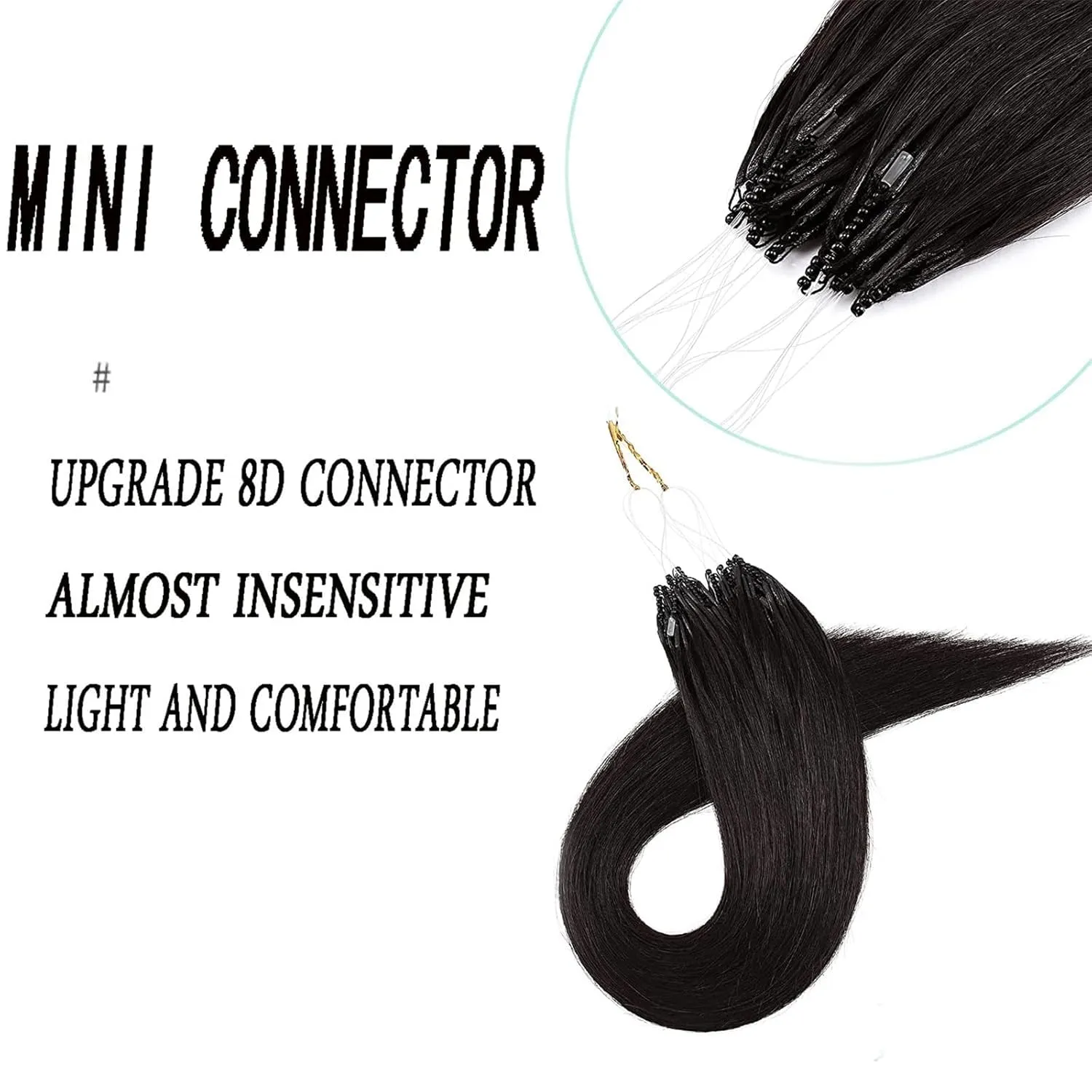 8D Microlink Hair Extensions, Nano Beads Real Human Hair, Pre-Bonded Seamless Hairpieces for Women,Black,16in