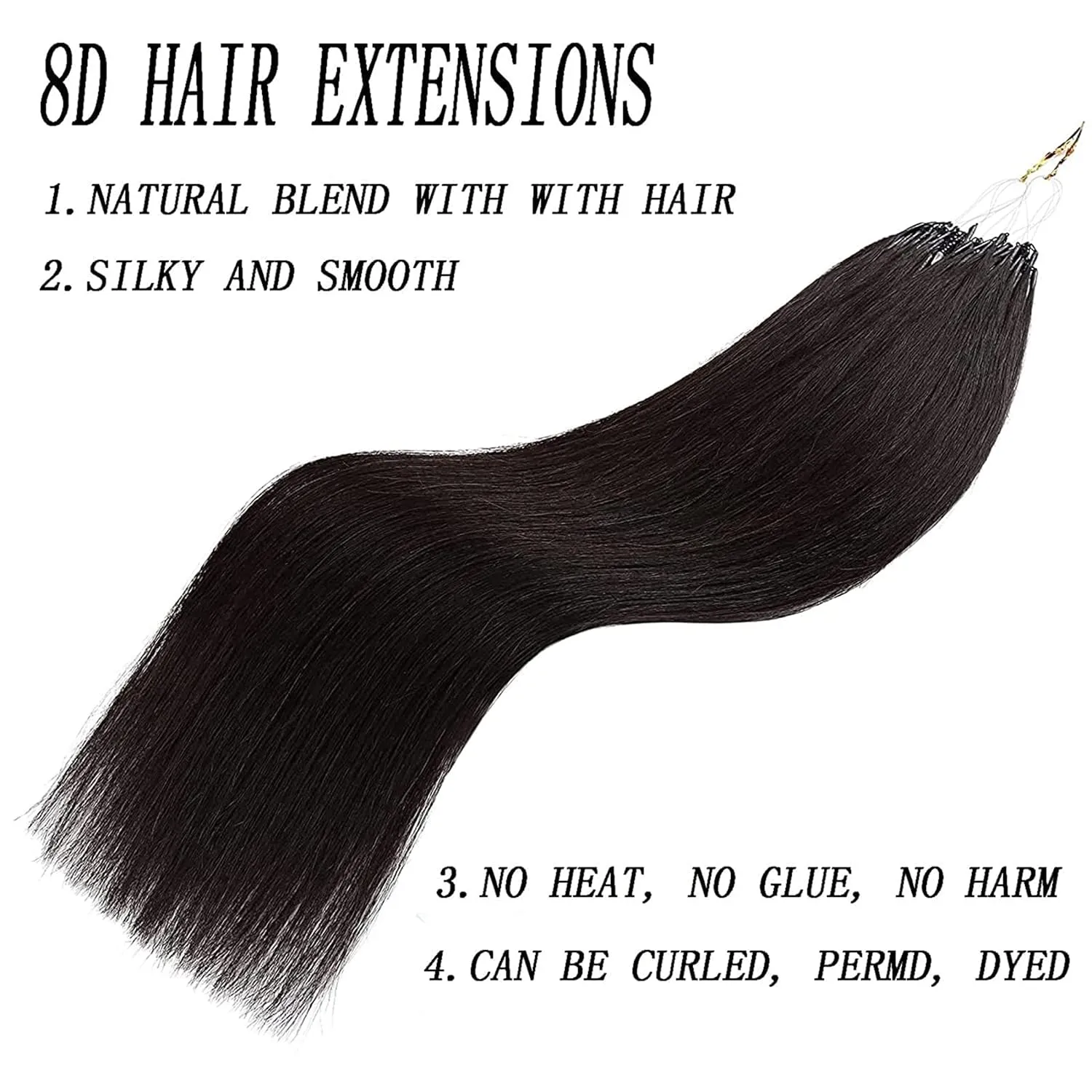 8D Microlink Hair Extensions, Nano Beads Real Human Hair, Pre-Bonded Seamless Hairpieces for Women,Black,16in