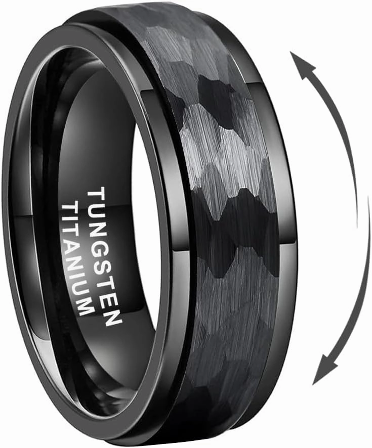 8mm Silver/Black/Gold Spinner Tungsten Titanium Fidget Rings for Men Women Anxiety Released Hammered Design Engagement Wedding Band Stepped Edges Comfort Fit