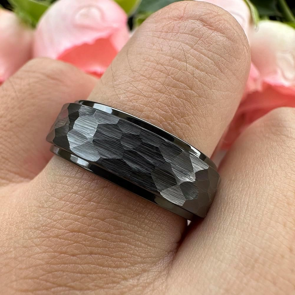 8mm Silver/Black/Gold Spinner Tungsten Titanium Fidget Rings for Men Women Anxiety Released Hammered Design Engagement Wedding Band Stepped Edges Comfort Fit