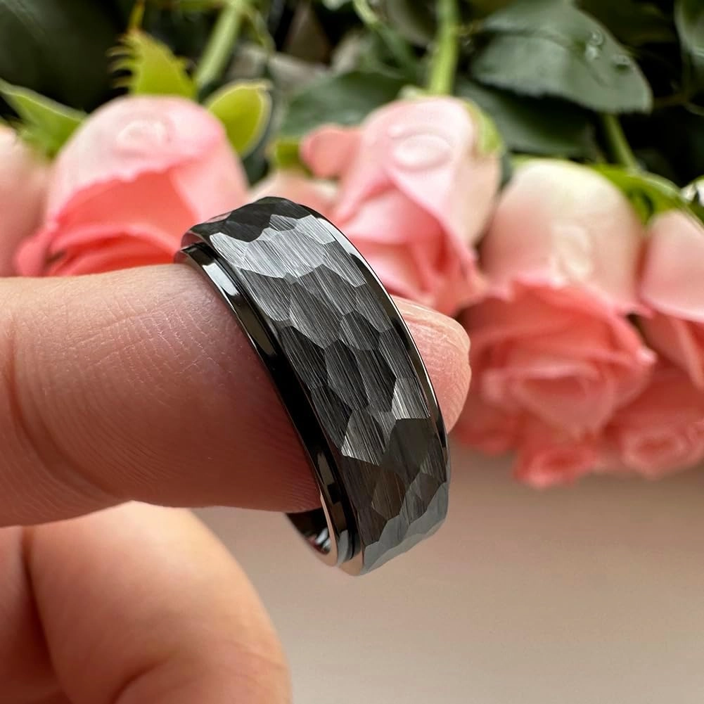 8mm Silver/Black/Gold Spinner Tungsten Titanium Fidget Rings for Men Women Anxiety Released Hammered Design Engagement Wedding Band Stepped Edges Comfort Fit