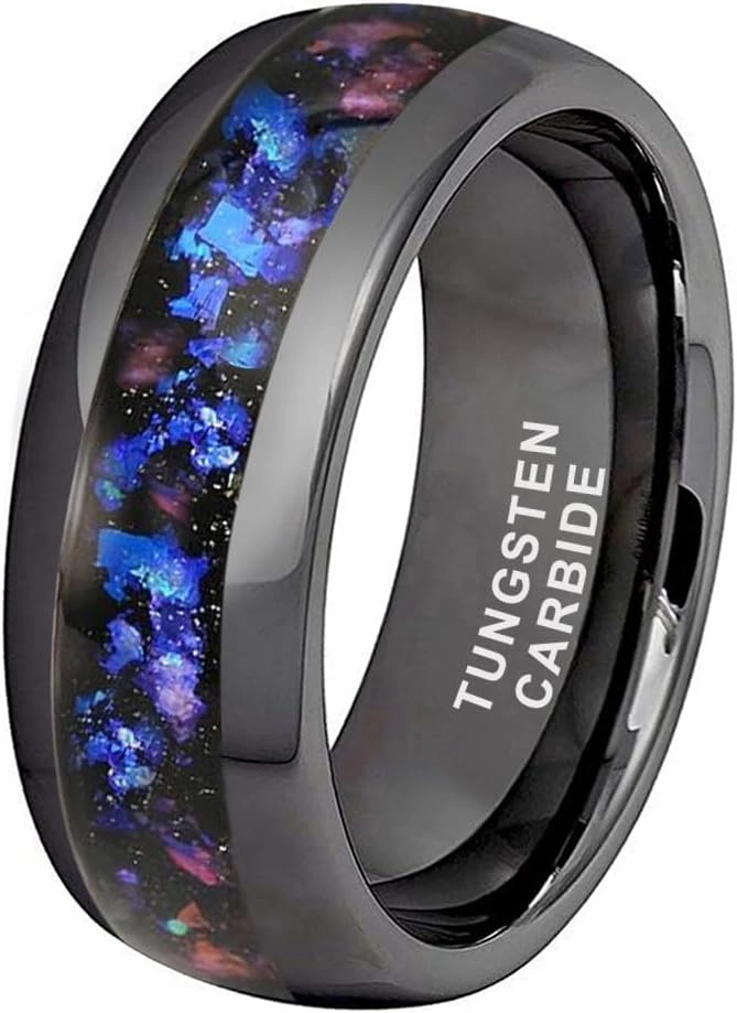 8mm Silver/Black/Gunmetal Tungsten Rings for Men Women Orion Nebula Opal Galaxy Fragment Inlay Fashion Jewelry Engagement Wedding Promise Band Polished Shiny Comfort Fit