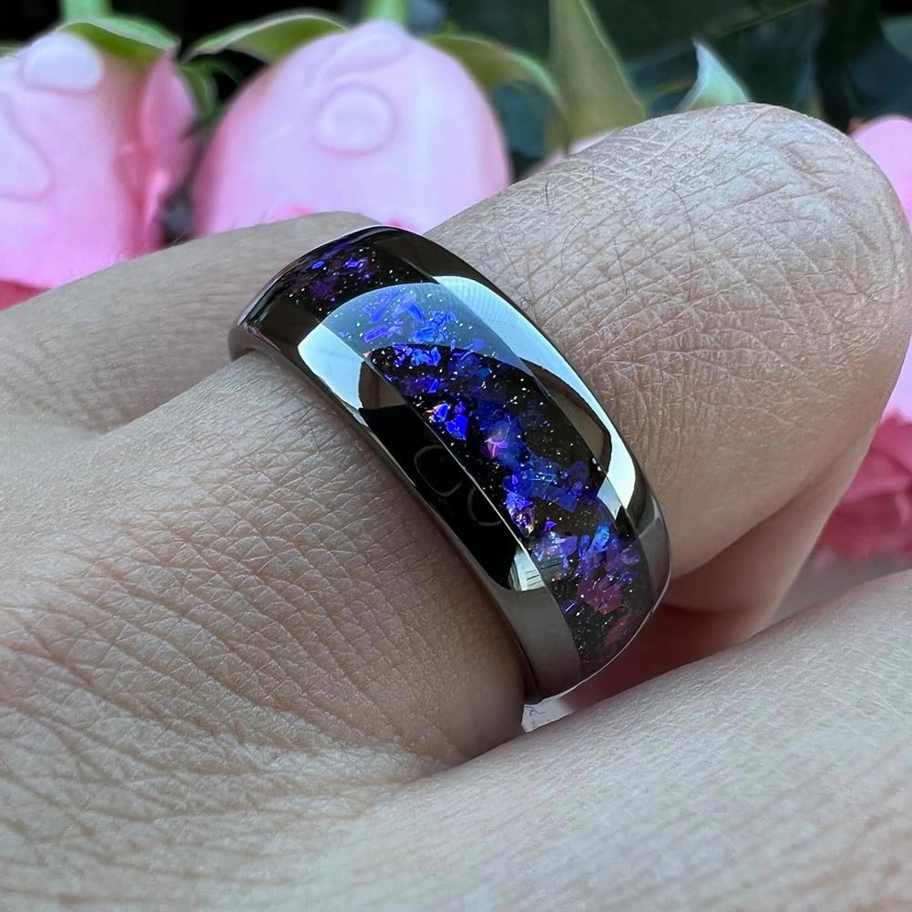 8mm Silver/Black/Gunmetal Tungsten Rings for Men Women Orion Nebula Opal Galaxy Fragment Inlay Fashion Jewelry Engagement Wedding Promise Band Polished Shiny Comfort Fit