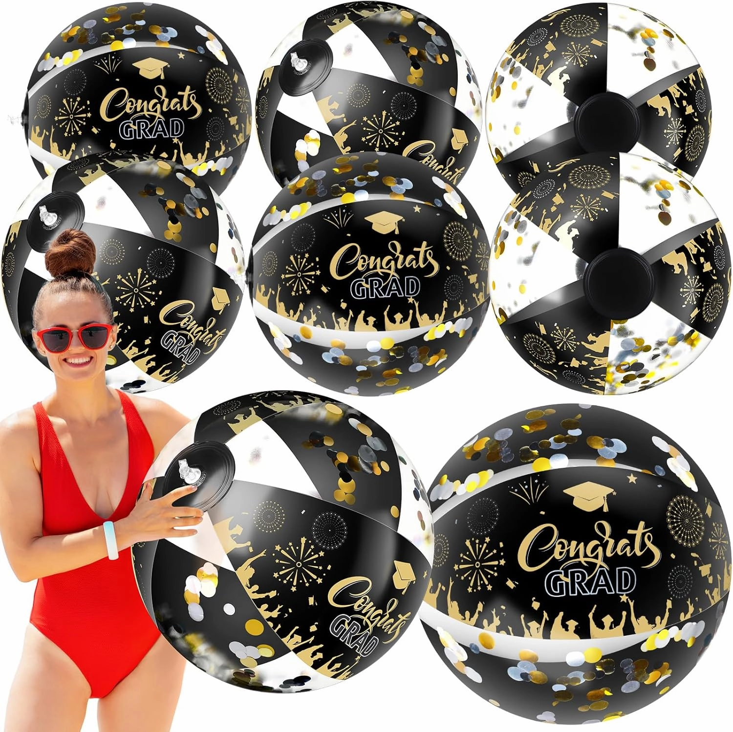8pcs Graduation Beach Balls Inflatable Glitter Beach Balls Congrats Grad Sign Graduation Party Favors for Senior Teen Class of 2025 College Graduation Pool Party Supplies