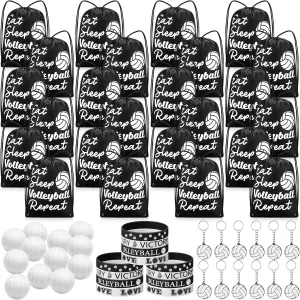 96 Pcs Volleyball Party Favors for Kids Include 24 Volleyball Drawstring Bags, 24 Volleyball Keychain, 24 Silicone Volleyball Bracelets, 24 Mini Stress Ball for Sports Birthday Supplies