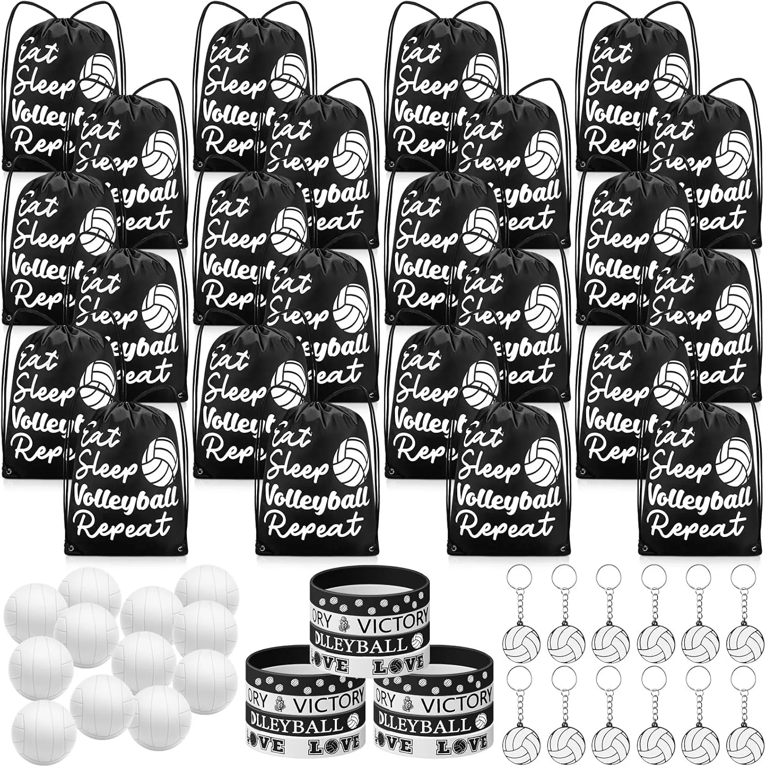 96 Pcs Volleyball Party Favors for Kids Include 24 Volleyball Drawstring Bags, 24 Volleyball Keychain, 24 Silicone Volleyball Bracelets, 24 Mini Stress Ball for Sports Birthday Supplies
