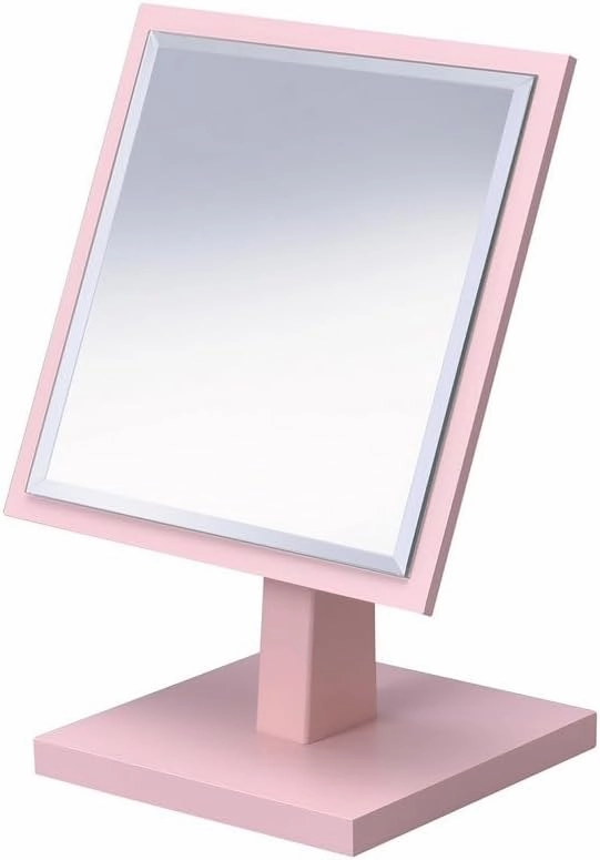 9.5" Wooden Pink Makeup Mirror, Pedestal Vanity Mirror for Dressing Table, Compact Mirror for Bedroom
